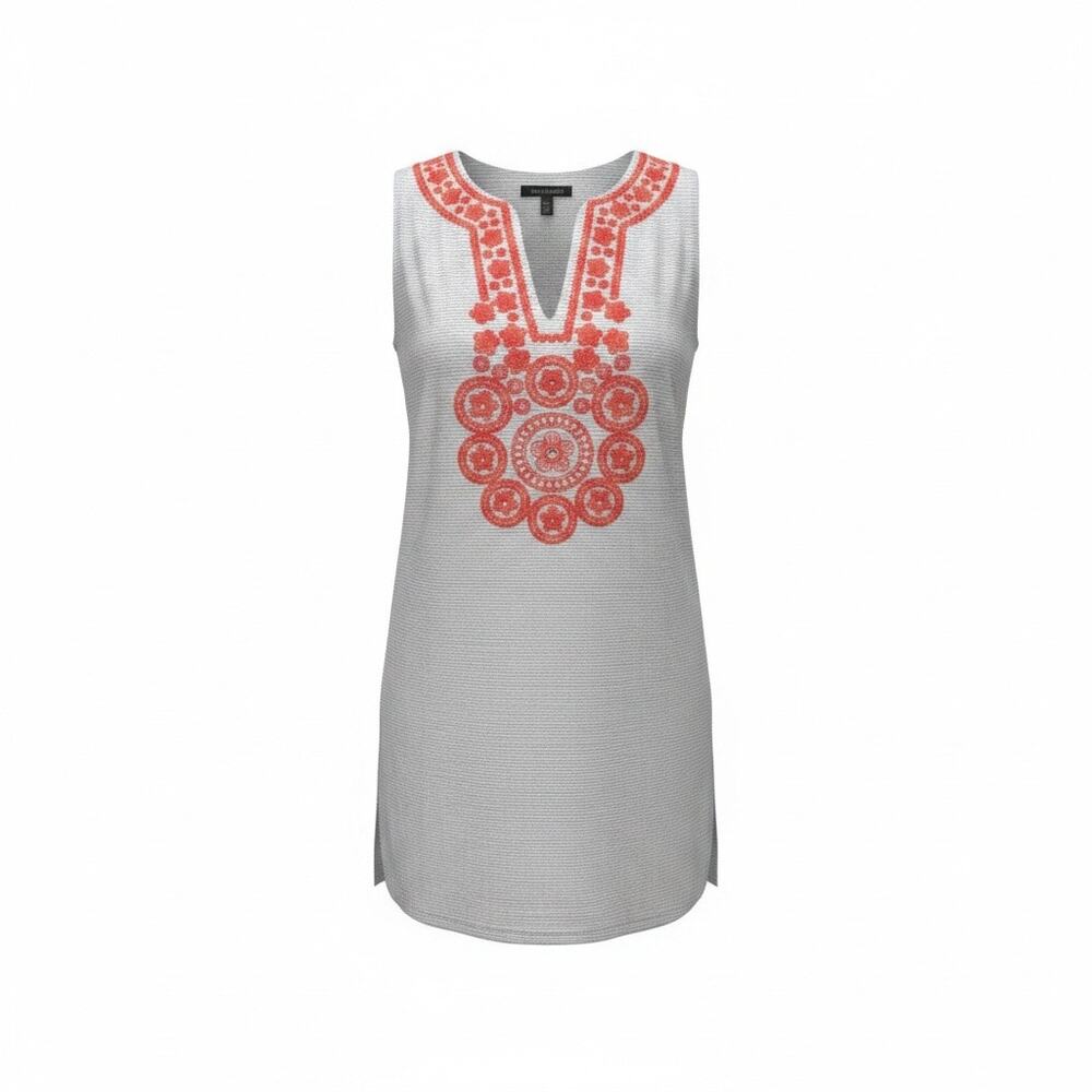 Julie Brown White Orange Embroidered Shift Dress Sleeveless Resort Coastal SZ 4
